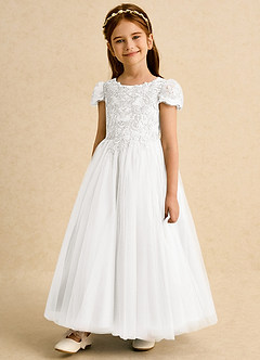 Azazie Puff Flower Girl Dresses Ivory Ball-Gown Lace Tulle Dress image5