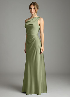 Azazie Emerson Bridesmaid Dresses Garden Sage Mermaid Off the Shoulder Stretch Satin Dress image4