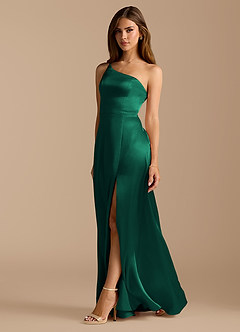 Azazie Trina Bridesmaid Dresses Emerald A-Line One Shoulder Metallic Satin Dress image1