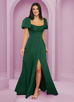 Barbie ♥ Azazie Bridesmaid Dresses Dark Green A-Line Ruched Stretch Satin Dress image1