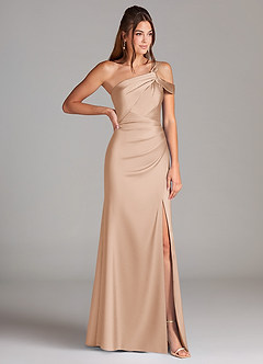 Azazie Wynter Bridesmaid Dresses English Rose Sheath Off the Shoulder Stretch Satin Dress image4