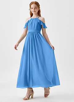 Azazie Chaya Junior Blue Jay A-Line Off the Shoulder Chiffon Dress image5
