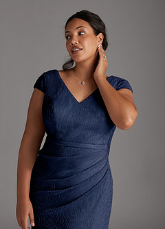 Azazie Galilea Mother of the Bride Dresses Dark Navy Mermaid V-Neck Metallic Mesh Dress image6
