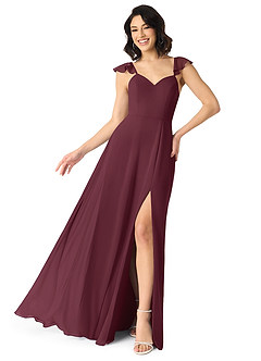 Azazie Everett Vestidos de damas de honor Vestido de Cabernet de Gasa de Corte en A con Cuello en V fruncido image1
