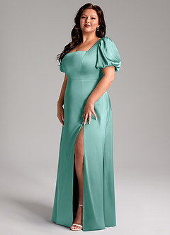 Azazie Fyona Vestidos de damas de honor Vestido de Aqua de Satén Elástico de Corte en A con Plisado image3
