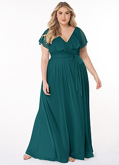 Azazie Jael Bridesmaid Dresses Peacock A-Line V-Neck Mesh Dress image7
