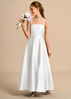Azazie Pebbles Girls Formal Blumenmädchenkleider A-Linie Plissee Matte Satin Kleid Weiß image4