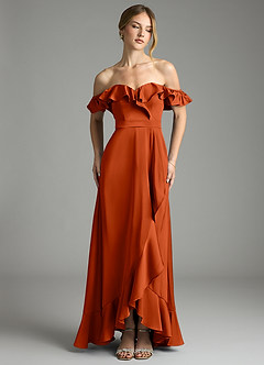 Azazie Lyra Bridesmaid Dresses Paprika A-Line Off the Shoulder Stretch Satin Convertible Dress image1