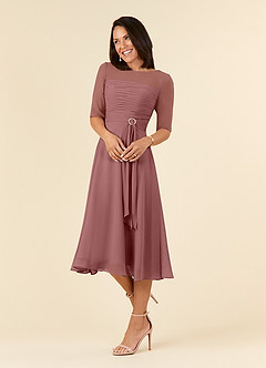 Azazie Naomi vestidos de madre de la novia Vestido de Rosa Del Desierto de Gasa de Corte En A con Cuello barco plisado image3
