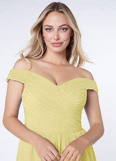 Azazie Audrianna Bridesmaid Dresses Lemon Sorbet A-Line Off-The-Shoulder Gathered Chiffon Convertible Dress image5