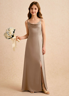 Azazie Shira Girls Formal Flower Girl Dresses Taupe A-Line Pleated Stretch Satin Dress image5
