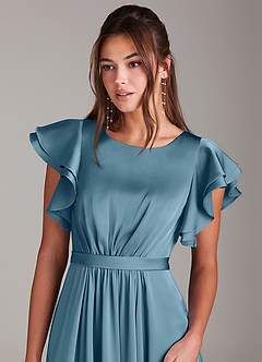 Azazie Daphne Modest Bridesmaid Dresses A-Line Ruched Stretch Satin Floor-Length Dress image5