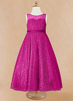 Azazie Siwa Flower Girl Dresses Fuchsia A-Line Beaded Tulle Dress image5