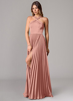 Azazie Afra Robes de demoiselle d'honneur Robe Trapèze en Satin extensible Plissée Rosette image4