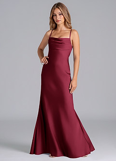 Azazie Seema At-home Try On Dresses Burgundy Mermaid Corset Stretch Satin Dress image5