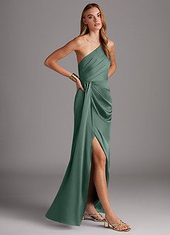 Azazie Mika Bridesmaid Dresses Eucalyptus Sheath One Shoulder Stretch Satin Dress image4