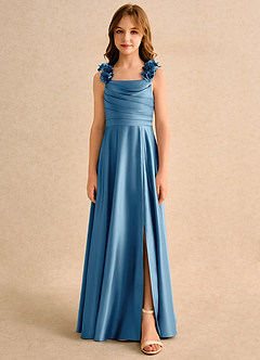 Azazie Rosita Girls Formal vestidos de niña de las flores Vestido de Azul Acero de Satin Mate de Corte en A con Plisado image3