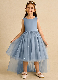 Azazie Bell Jurken voor bloemenmeisjes Baljurk Jurk van Tule Boog Stoffig Blauw image7