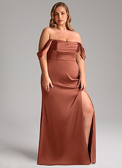 Azazie Saige Bridesmaid Dresses Clay Sheath Off the Shoulder Stretch Satin Dress image12