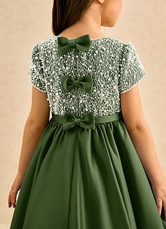 Azazie Cashew Flower Girl Dresses Olive Ball-Gown with Sleeves Matte Satin Dress image7