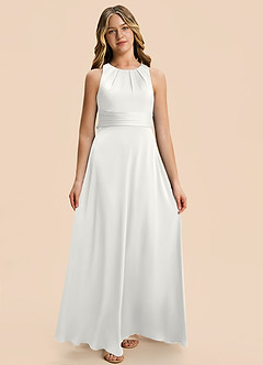 Azazie Christina Junior Vestido Blanco de Satén Elástico de Corte en A con Drapeado image6