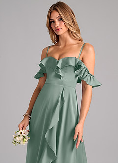 Azazie Lyra Jurken voor bruidsmeisjes Converteerbaar Jurk van Stretch Satijn met A-Lijn Off the Shoulder Zilveren Salie image7