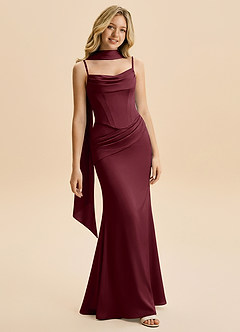 Azazie Sorrel Junior Cabernet Mermaid Ruched Stretch Satin Dress image1