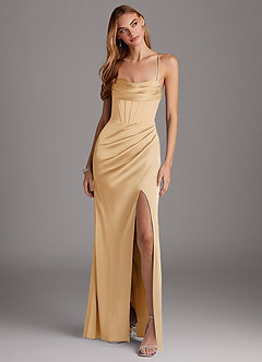 Azazie Brookelle Brautjungfernkleider Etui Herzchen Korsett Stretch-Satin Kleid Gold image4