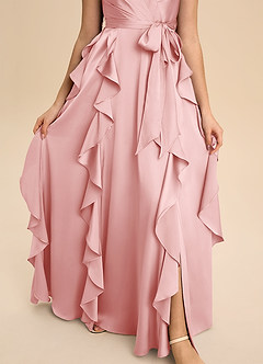 Azazie Peyton Junior Powder Pink A-Line Pleated Stretch Satin Dress image6