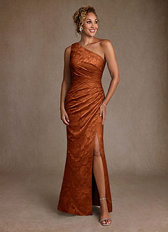 Azazie Joylin Mother of the Bride Dresses Burnt Orange Trumpet One Shoulder Floral Burnout Dress image1