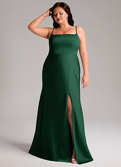 Azazie Lidia Bridesmaid Dresses Dark Green Mermaid Side Slit Stretch Satin Dress image1