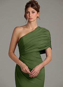 Azazie Essence Bridesmaid Dresses Olive Sheath One Shoulder Premium Stretch Jersey Dress image7