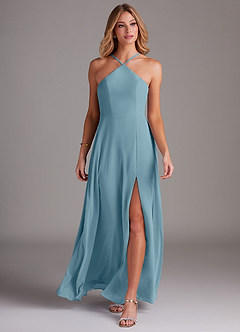 Azazie Bailey Bridesmaid Dresses Moody Blue A-Line Halter Side Slit Chiffon Dress image4