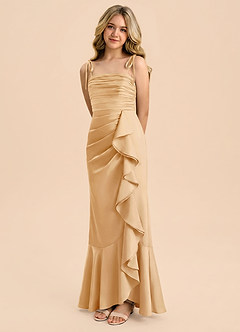 Azazie Ryan Junior Vestido Oro de Satén Elástico de Corte Recto con Lazo image1