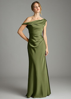 Azazie Emerson Robes de demoiselle d'honneur Robe Sirène en Satin extensible Épaules dénudées Olive image1