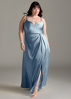Azazie Brielle Bridesmaid Dresses Dusty Blue A-Line Cowl Spaghetti Straps Stretch Satin Dress image8