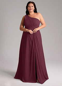 Azazie Brooke Vestidos de damas de honor Vestido de Cabernet de Gasa de Corte en A con Hombro unilateral image10