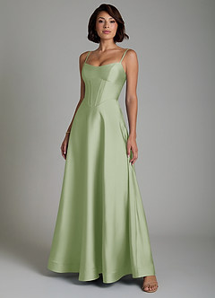 Azazie Nona Bridesmaid Dresses Dusty Sage A-Line Pleated Stretch Satin Dress image6