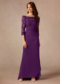 Azazie Rhonda Mother of the Bride Dresses Grape Mermaid Off the Shoulder Mesh Dress image1