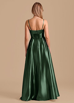 Azazie Lucienne At-home Try On Dresses Dark Green A-Line Pleated Metallic Satin Dress image2