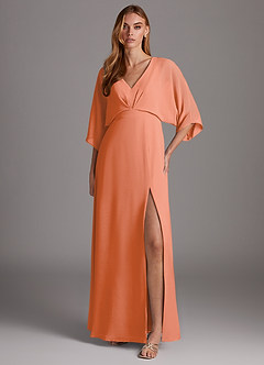 Azazie Rebecca Vente Finale Robe Trapèze en Mousseline de soie Col V à manches longues Coucher De Soleil image1