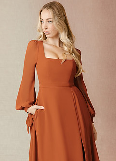 Azazie Leonia Bridesmaid Dresses Cinnamon A-Line Long Sleeve Chiffon Dress image6