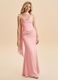 Azazie Sorrel Junior Powder Pink Mermaid Ruched Stretch Satin Dress image1