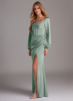 Azazie Charissa Bridesmaid Dresses Agave Sheath Long Sleeve Stretch Satin Dress image5