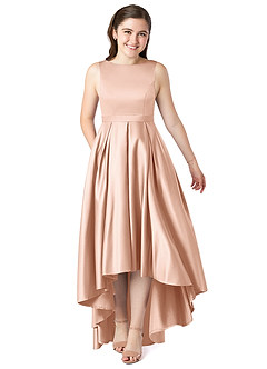 Azazie Inaya Junior Rose Gold A-Line with Belt Stretch Satin Dress image1