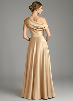 Azazie Xanthe Bridesmaid Dresses Champagne A-Line Off the Shoulder Stretch Satin Dress image2