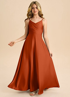 Azazie Bug Junior Robe Trapèze en Satin extensible Plissée Paprika image2