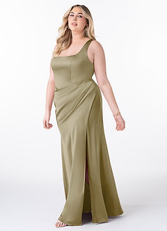 Azazie Mero Robes de demoiselle d'honneur Robe Fourreau en Satin extensible Plissée Vert Mousse image8