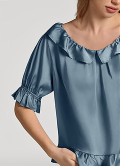 front Ruffled Short Sleeve Satin Pajama Set