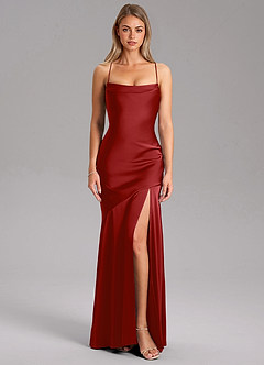 Azazie Grata Bridesmaid Dresses Pomegranate Sheath Side Slit Stretch Satin Dress image3